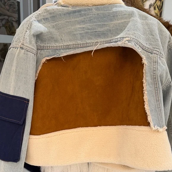 Cream Sherpa-Lined Denim Jacket with Brown Suede Accents - Picture 4 of 5